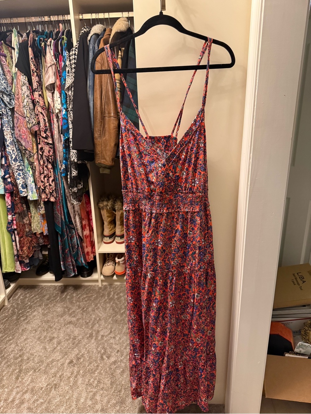 Universal Thread Red and Blue Floral Maxi Dress with Smocked Waist